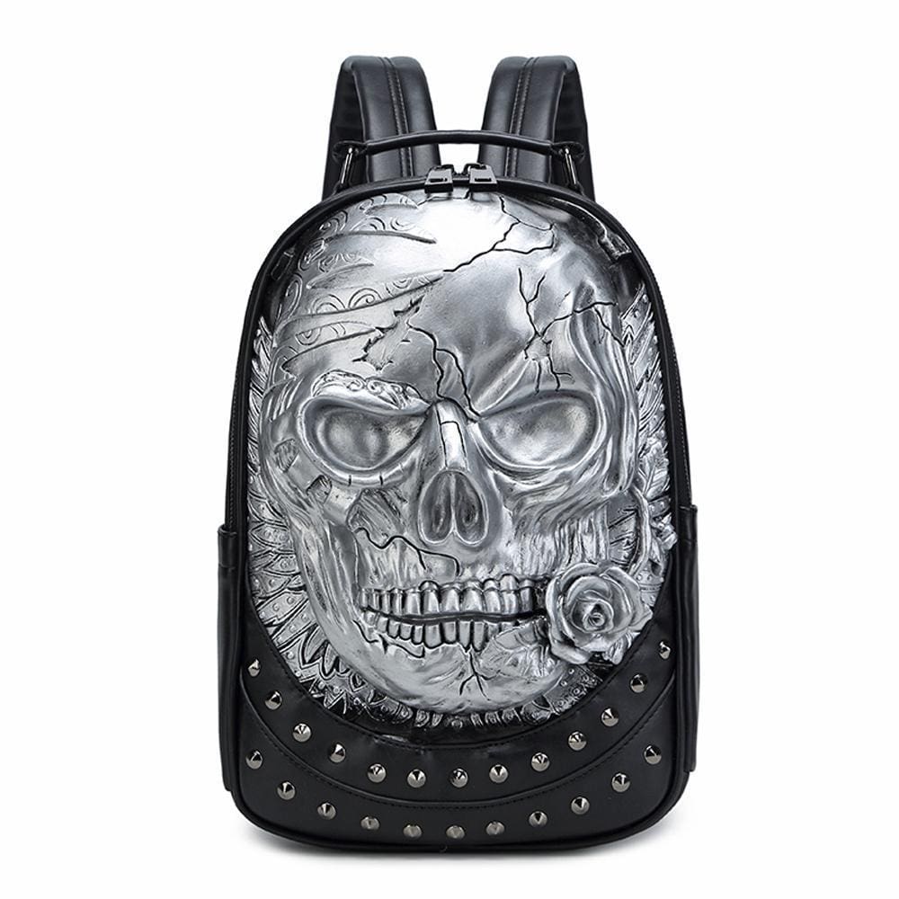 Rossie Viren 3D Halloween backpack with studded skull and rose design, featuring a spacious travel bag and stylish handbag.