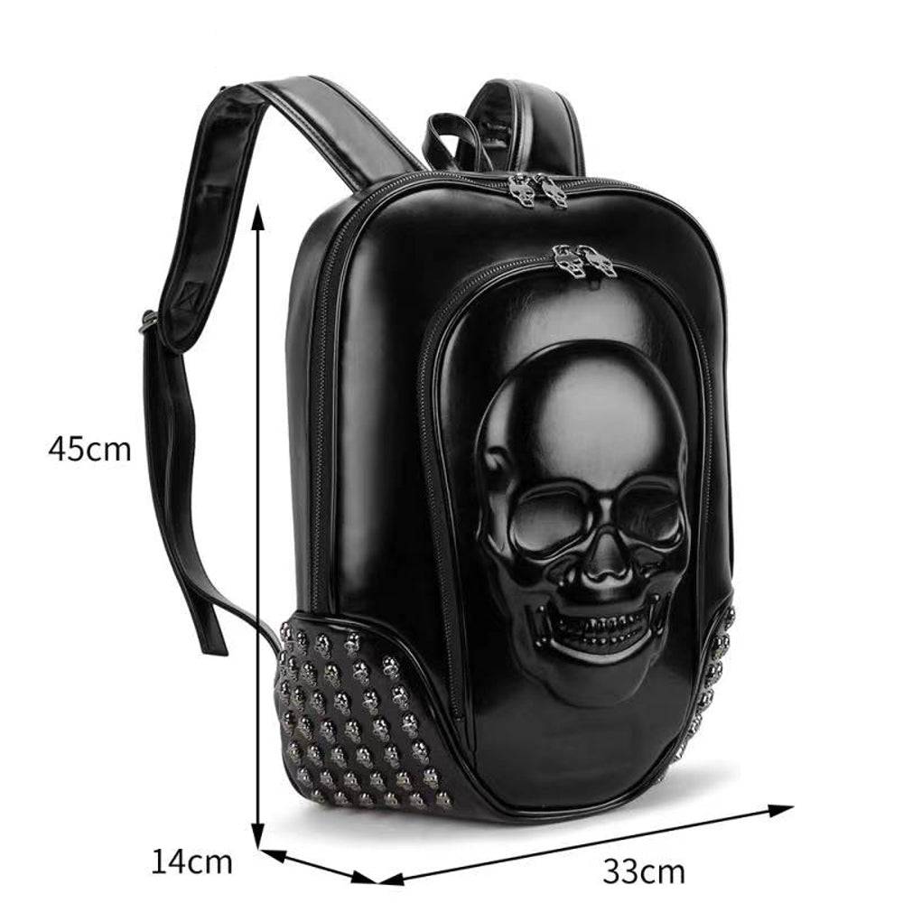 Black 3D backpack by Rossie Viren featuring a studded smiling skull design, perfect for edgy fashion and everyday use.