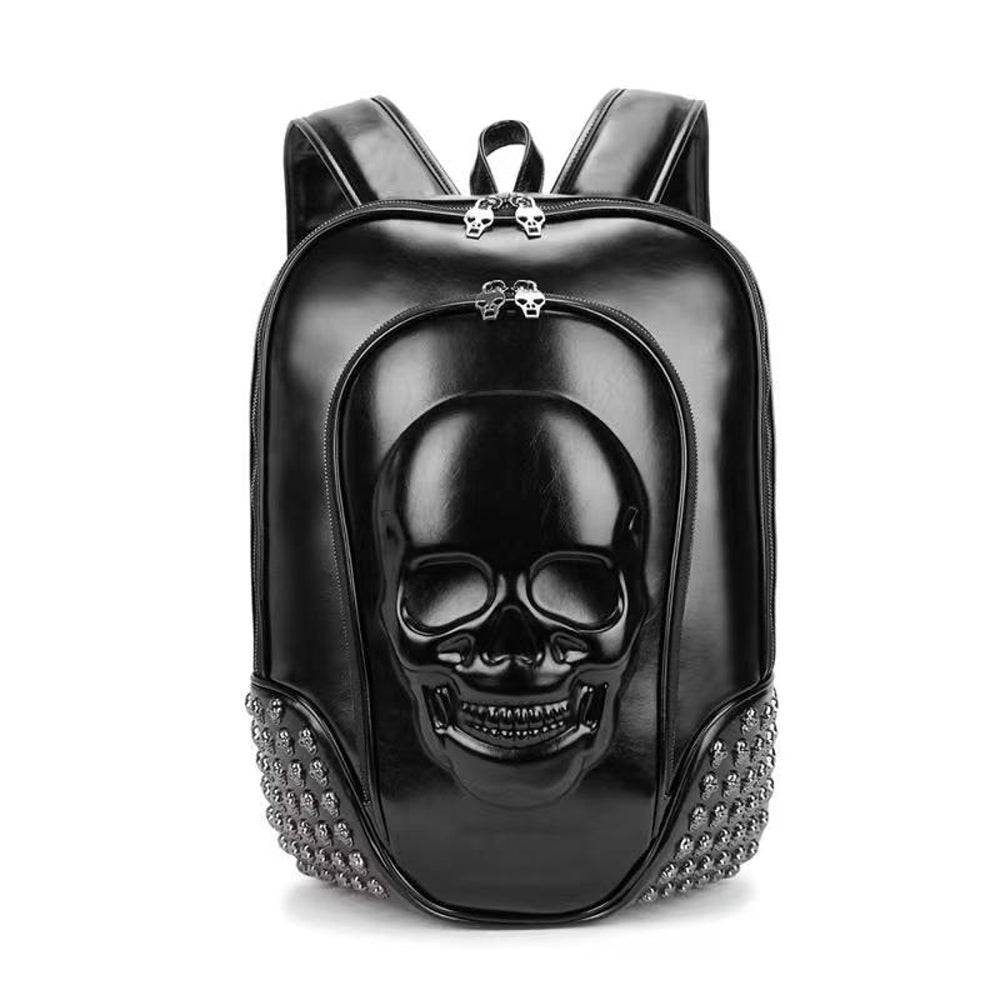 Black 3D backpack by Rossie Viren featuring a studded smiling skull design, perfect for a stylish and edgy look.
