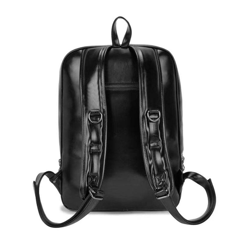 Black 3D backpack with a studded smiling skull design by Rossie Viren, stylish and edgy for everyday use.