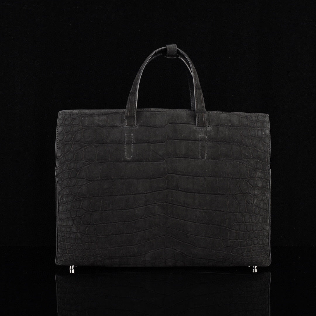 Nubuck Genuine Crocodile Skin Leather Top Handle Tote Duffel Bag Large Black