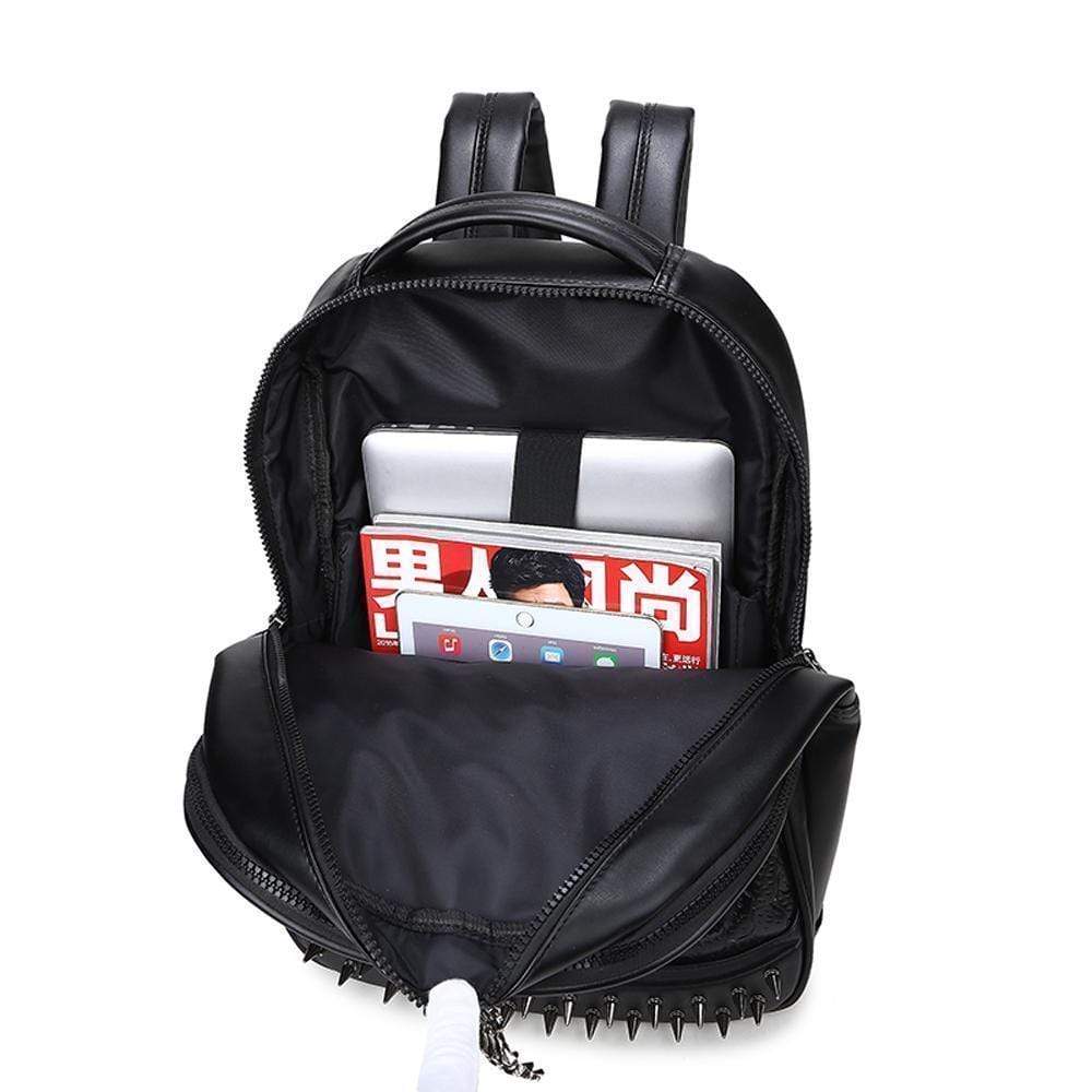 Unisex 3D Angry Wolf PU leather casual laptop backpack with rivets, featuring a bold wolf design and durable construction.