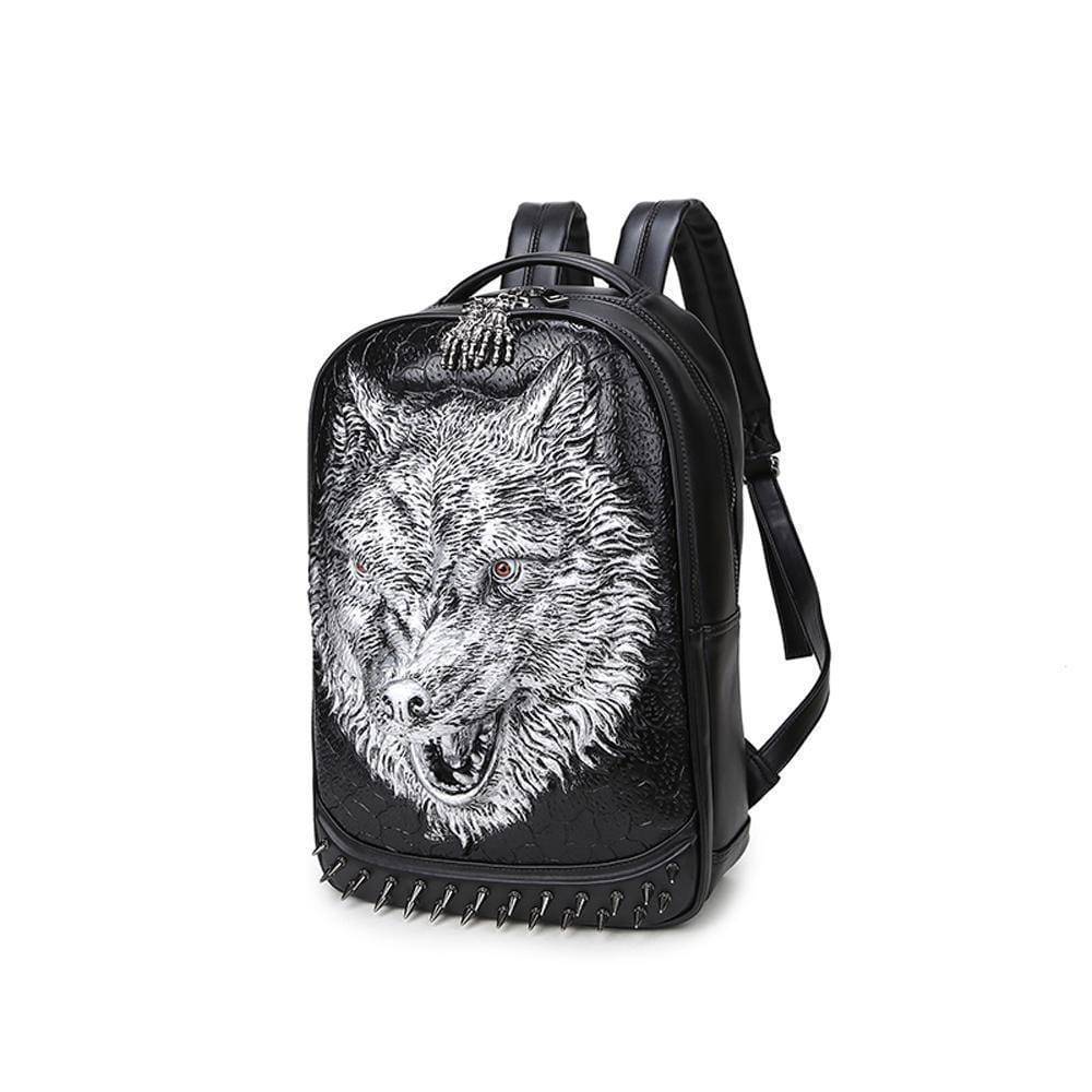 Unisex 3D angry wolf design PU leather backpack with rivets, casual style, suitable for laptops and school use by Rossie Viren.