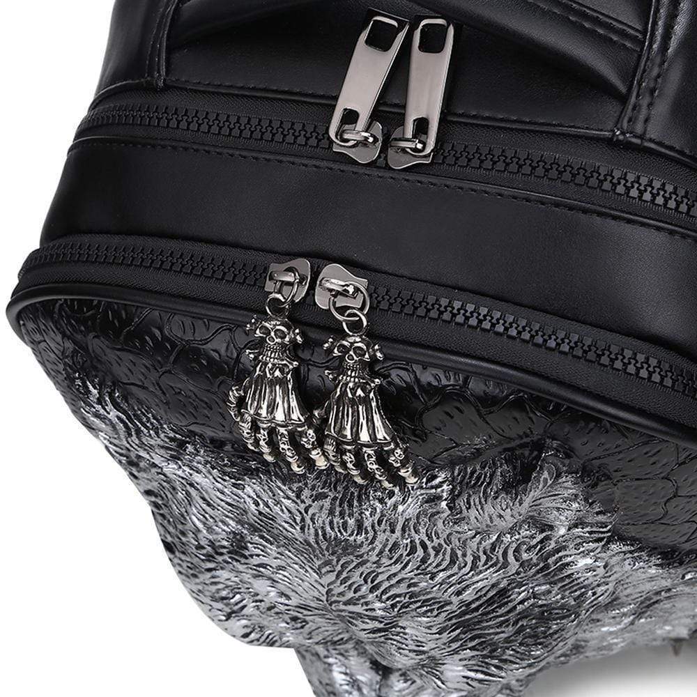 Unisex 3D angry wolf PU leather casual backpack with rivets, suitable for laptops, featuring a bold wolf design and stylish straps.