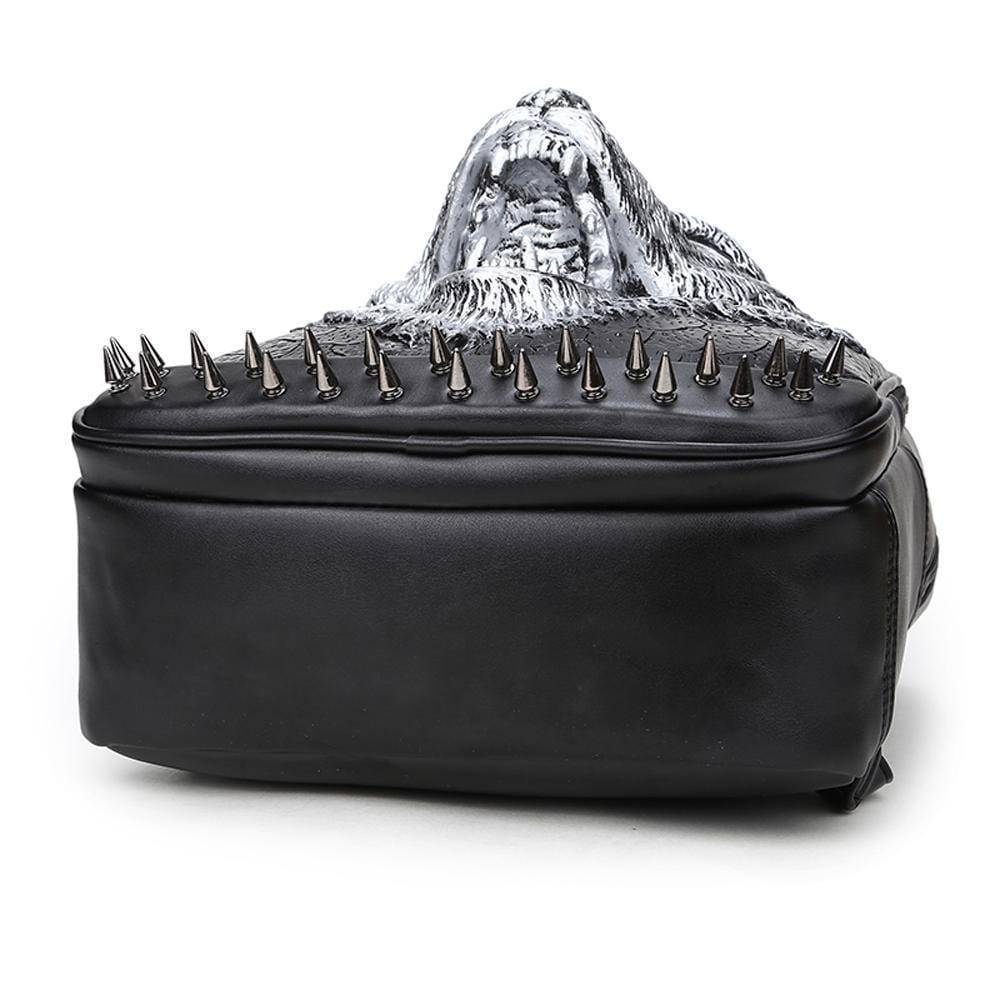 Unisex 3D angry wolf design PU leather backpack with rivets, casual style, suitable for laptops and school use.