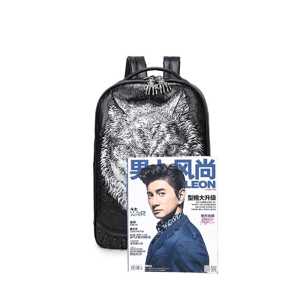 Unisex 3D Angry Wolf PU leather casual laptop backpack with rivets, featuring a bold wolf face design, from Rossie Viren.