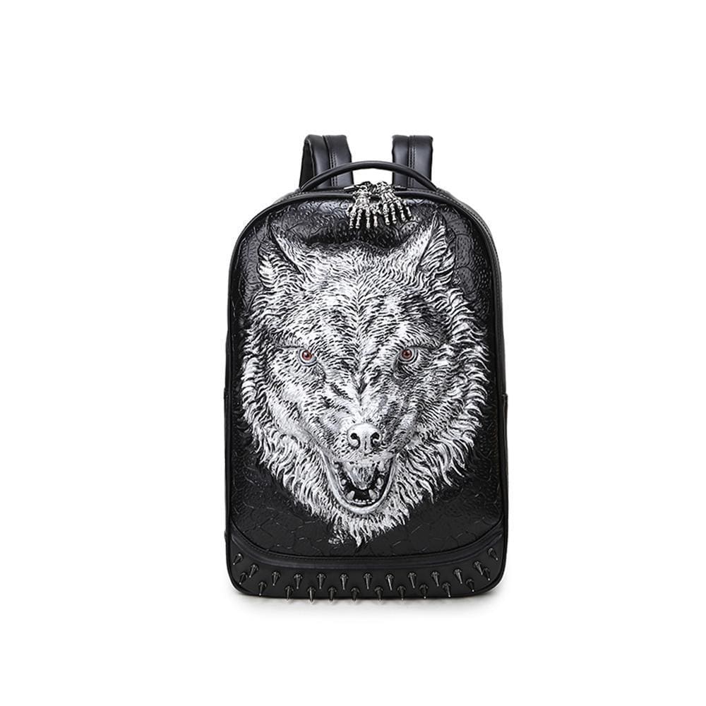 Unisex 3D angry wolf design PU leather casual laptop backpack with rivet details, featuring a fashionable handbag style by Rossie Viren.