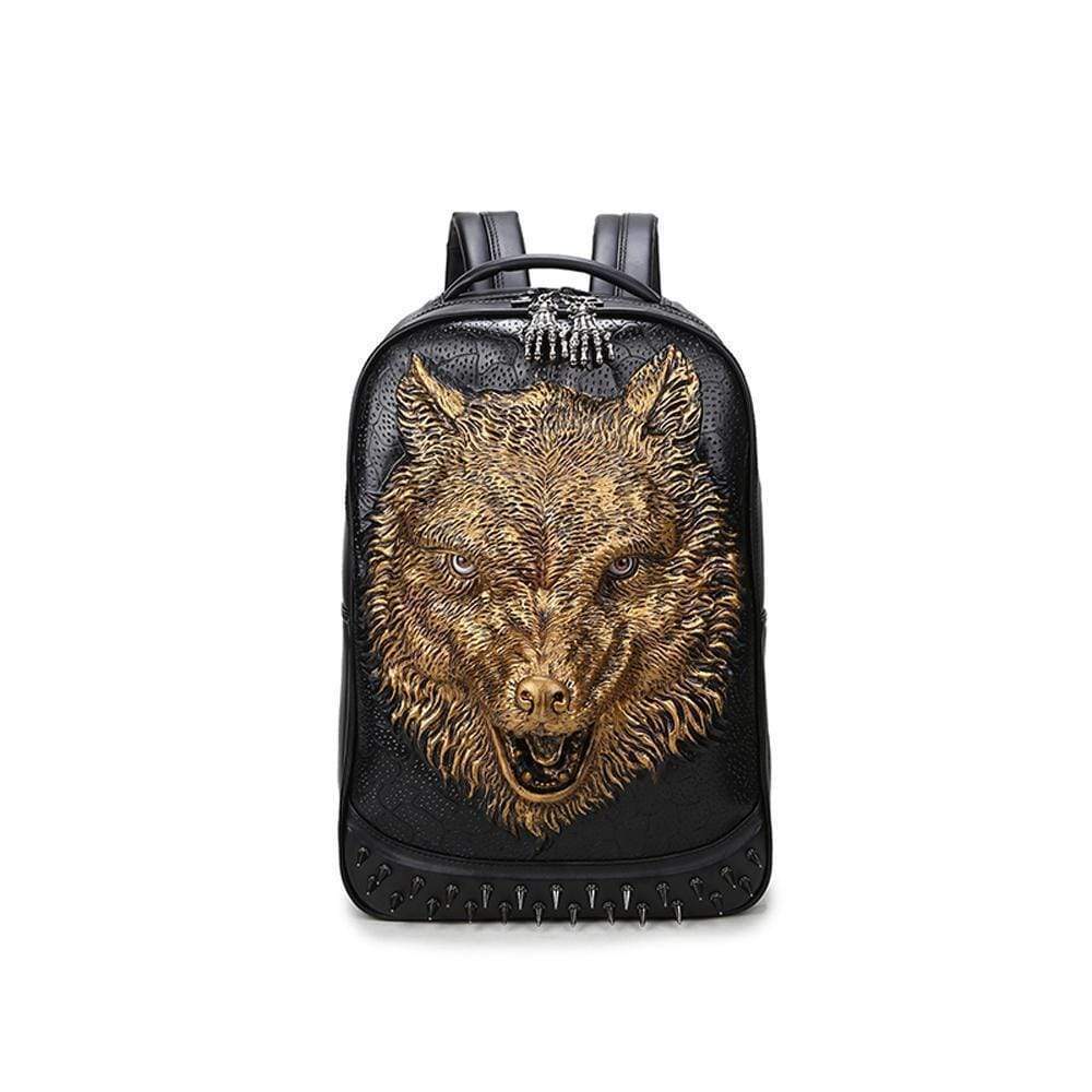 Unisex 3D angry wolf design PU leather backpack with rivets, casual laptop bag by Rossie Viren, featuring a bold, edgy style.