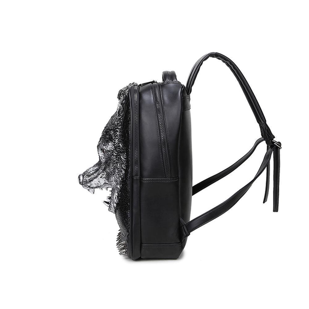 Unisex 3D Angry Wolf PU leather casual laptop backpack with rivets, featuring a bold design and spacious interior.