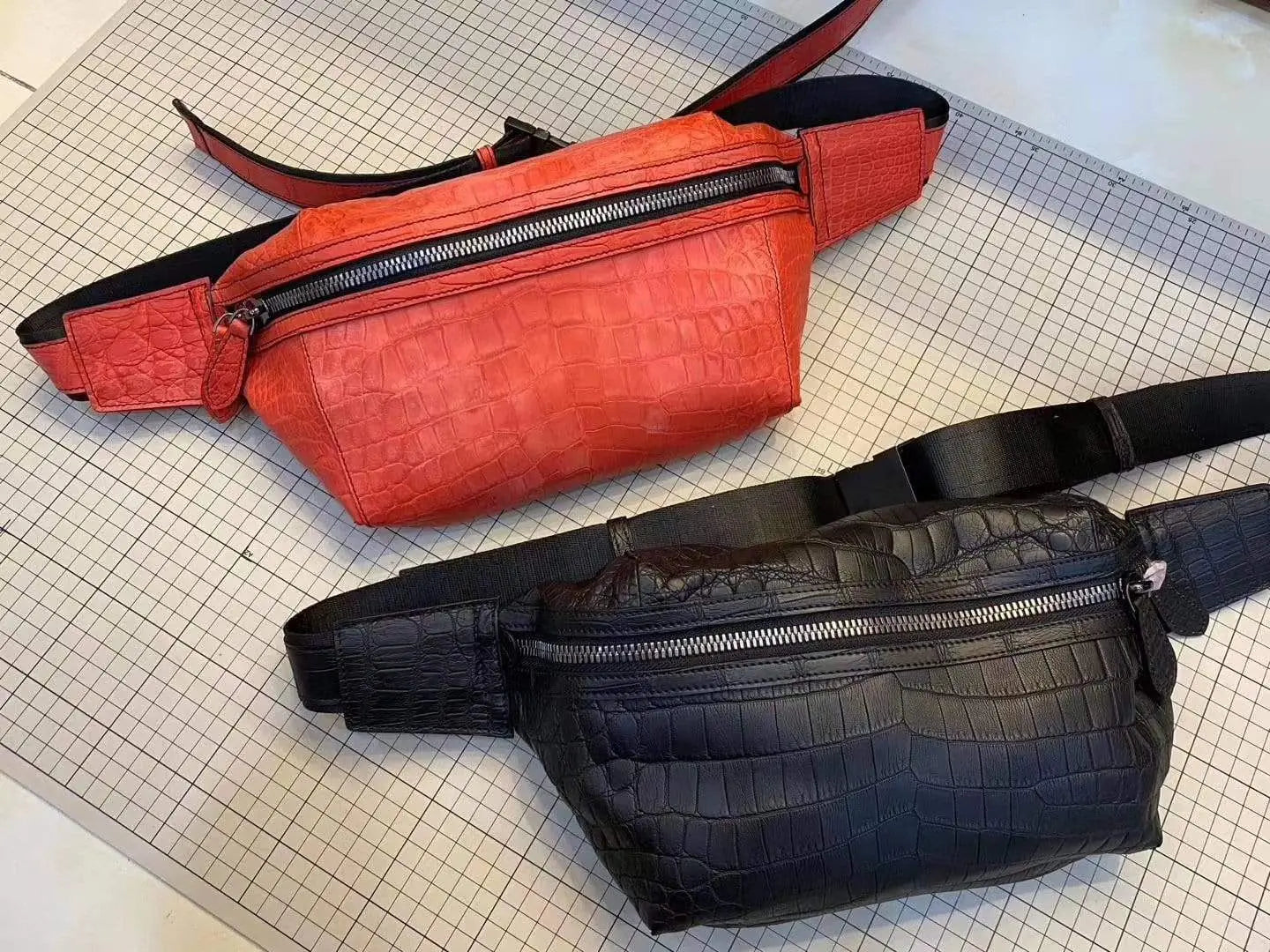 Unisex crocodile leather waist fanny pack by Rossie Viren, featuring a compact handbag design with adjustable strap and textured finish.