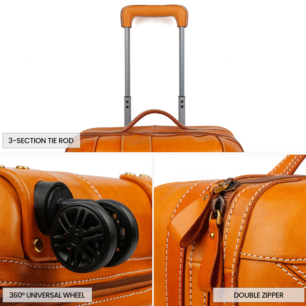 Unisex Genuine Vintage Vegetable Tanned Leather Carry On Business Trolley Bag Rotate Universal Wheel 20 Inch Travelling Luggage Bag