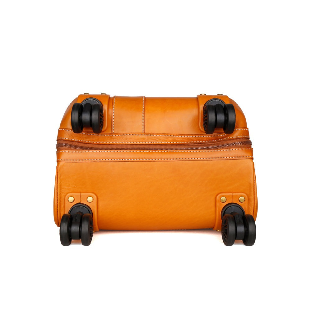 Unisex Genuine Vintage Vegetable Tanned Leather Carry On Business Trolley Bag Rotate Universal Wheel 20 Inch Travelling Luggage Bag