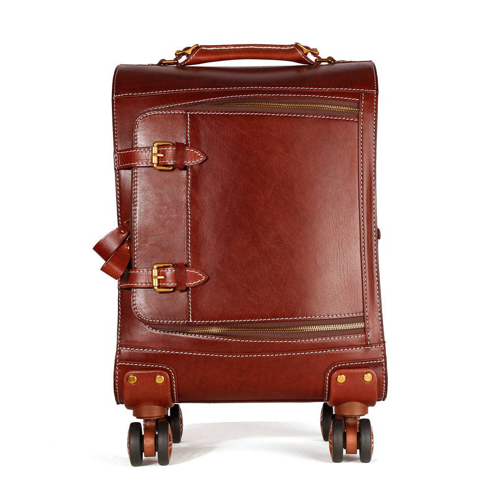 Unisex Genuine Vintage Vegetable Tanned Leather Check-In Carry On Business Rolling Bag Rotate Universal Wheel 20 Inch Travelling Trolley Luggage Business Trolley Bag