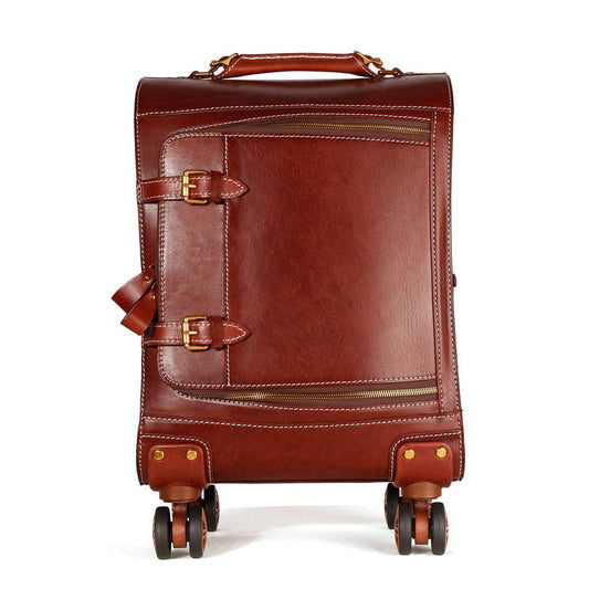 Unisex Genuine Vintage Vegetable Tanned Leather Check-In Carry On Business Rolling Bag Rotate Universal Wheel 20 Inch Travelling Trolley Luggage Business Trolley Bag