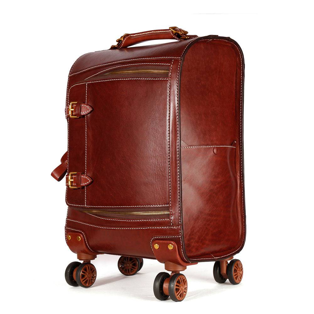 Unisex Genuine Vintage Vegetable Tanned Leather Check-In Carry On Business Rolling Bag Rotate Universal Wheel 20 Inch Travelling Trolley Luggage Business Trolley Bag