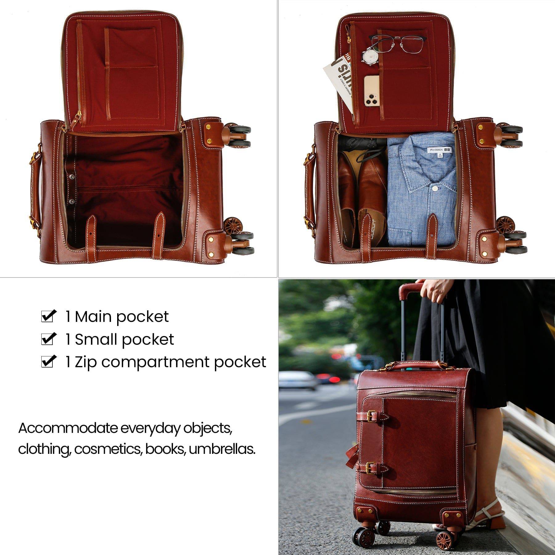 Unisex Genuine Vintage Vegetable Tanned Leather Check-In Carry On Business Rolling Bag Rotate Universal Wheel 20 Inch Travelling Trolley Luggage Business Trolley Bag