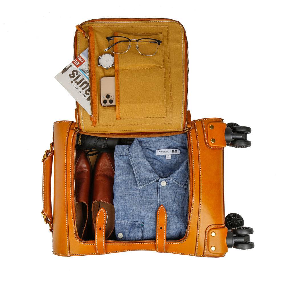 Unisex Genuine Vintage Vegetable Tanned Leather Check-In Carry On Business Rolling Bag Rotate Universal Wheel 20 Inch Travelling Trolley Luggage Business Trolley Bag