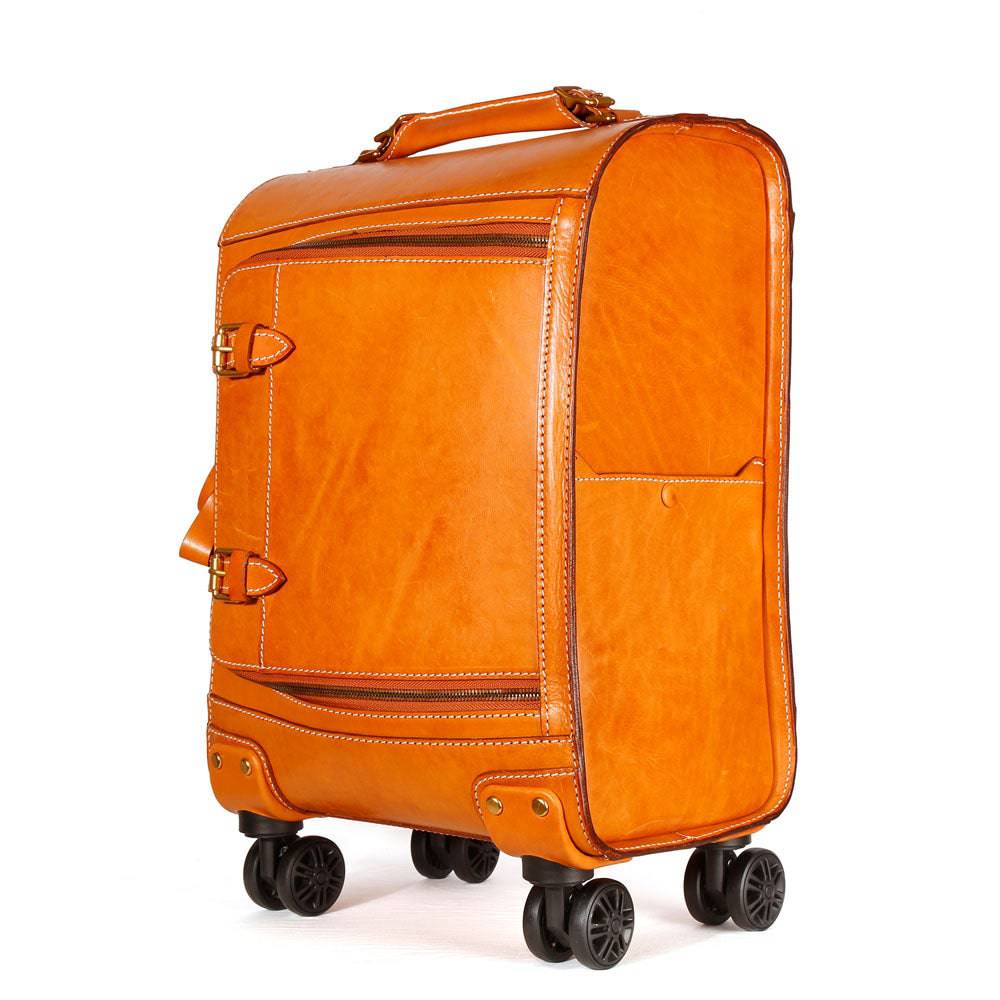Unisex Genuine Vintage Vegetable Tanned Leather Check-In Carry On Business Rolling Bag Rotate Universal Wheel 20 Inch Travelling Trolley Luggage Business Trolley Bag