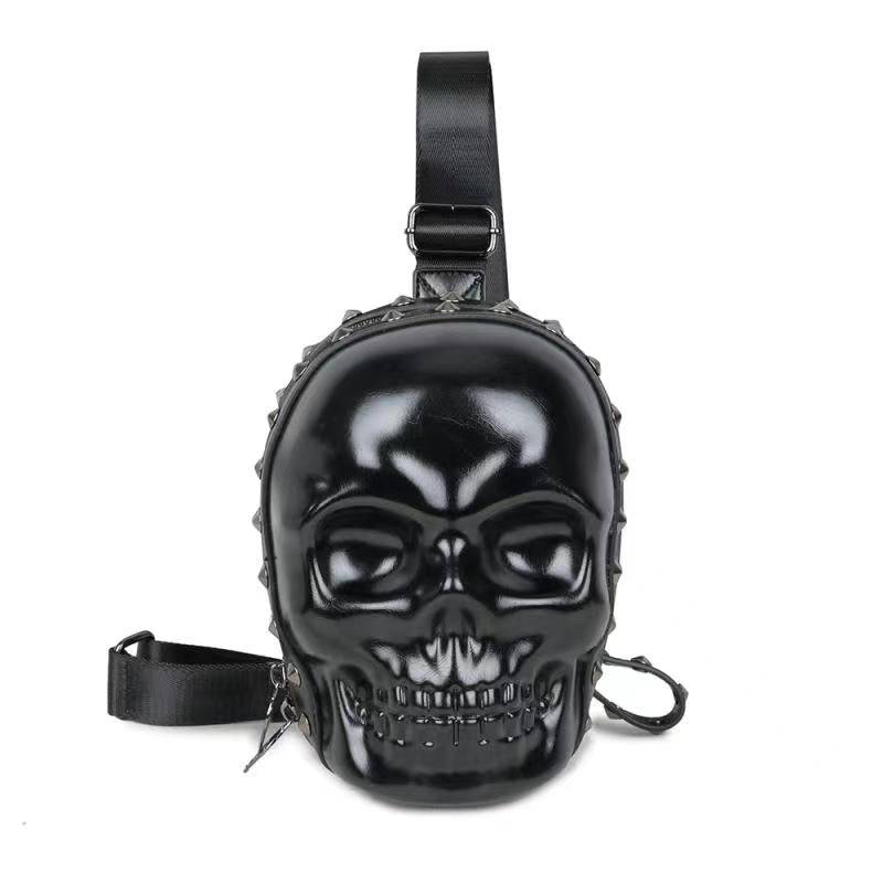 Unisex 3D Skull Kreepsville waist chest sling bag by Rossie Viren with bold skull design and adjustable straps.