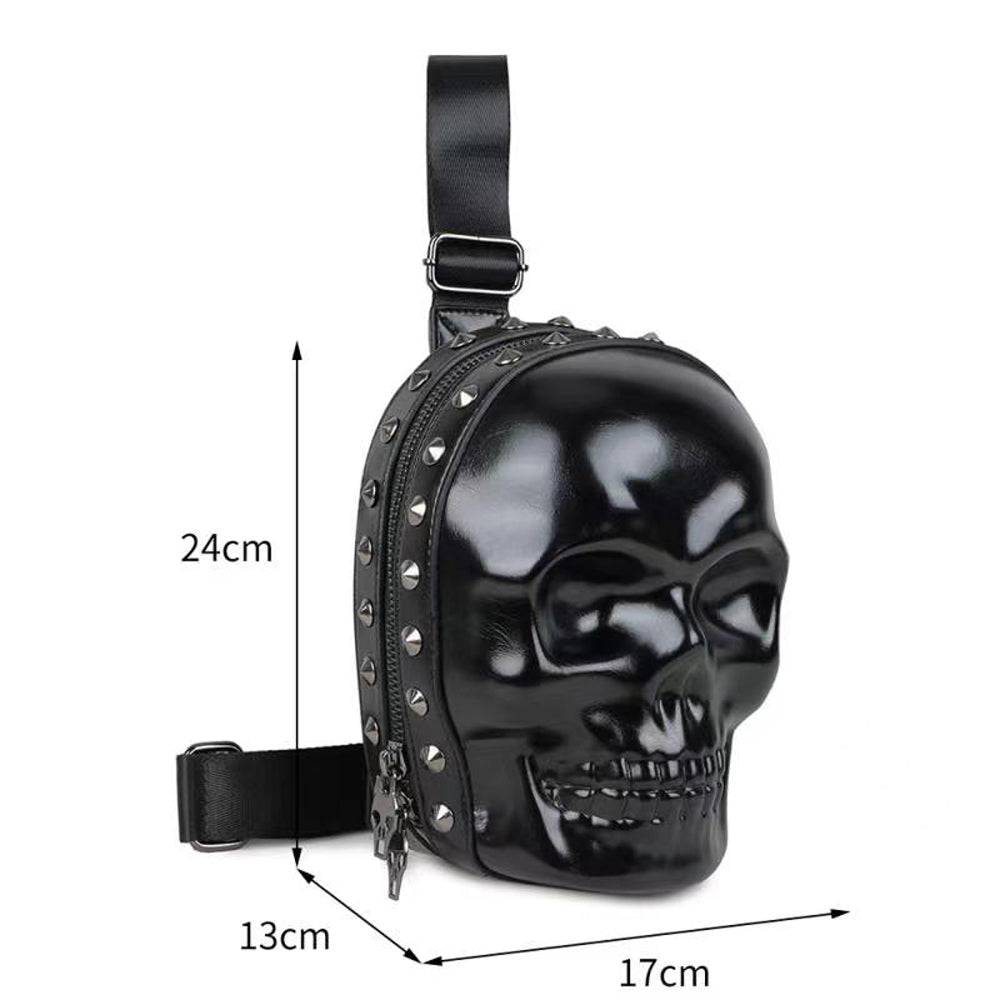 Unisex 3D skull Kreepsville waist chest sling bag with adjustable straps and bold graphic design by Rossie Viren.