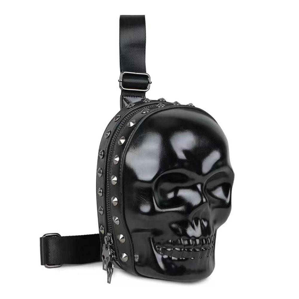 Unisex 3D skull Kreepsville waist chest sling bag by Rossie Viren, featuring bold skull design and adjustable straps.