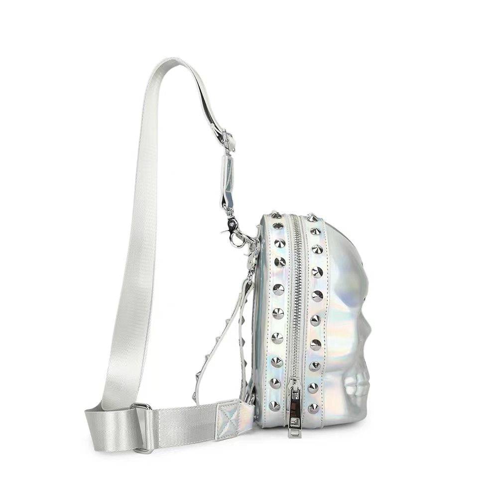 Unisex 3D Skull Kreepsville Waist Chest Sling Bag by Rossie Viren, featuring a bold skull design and adjustable straps.