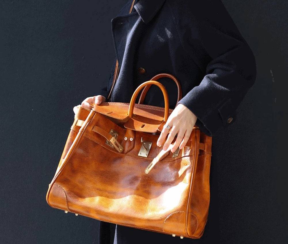 Rossie Viren Women's Unisex Large Vintage Vegetable Tanned Leather Padlock Tote Bag