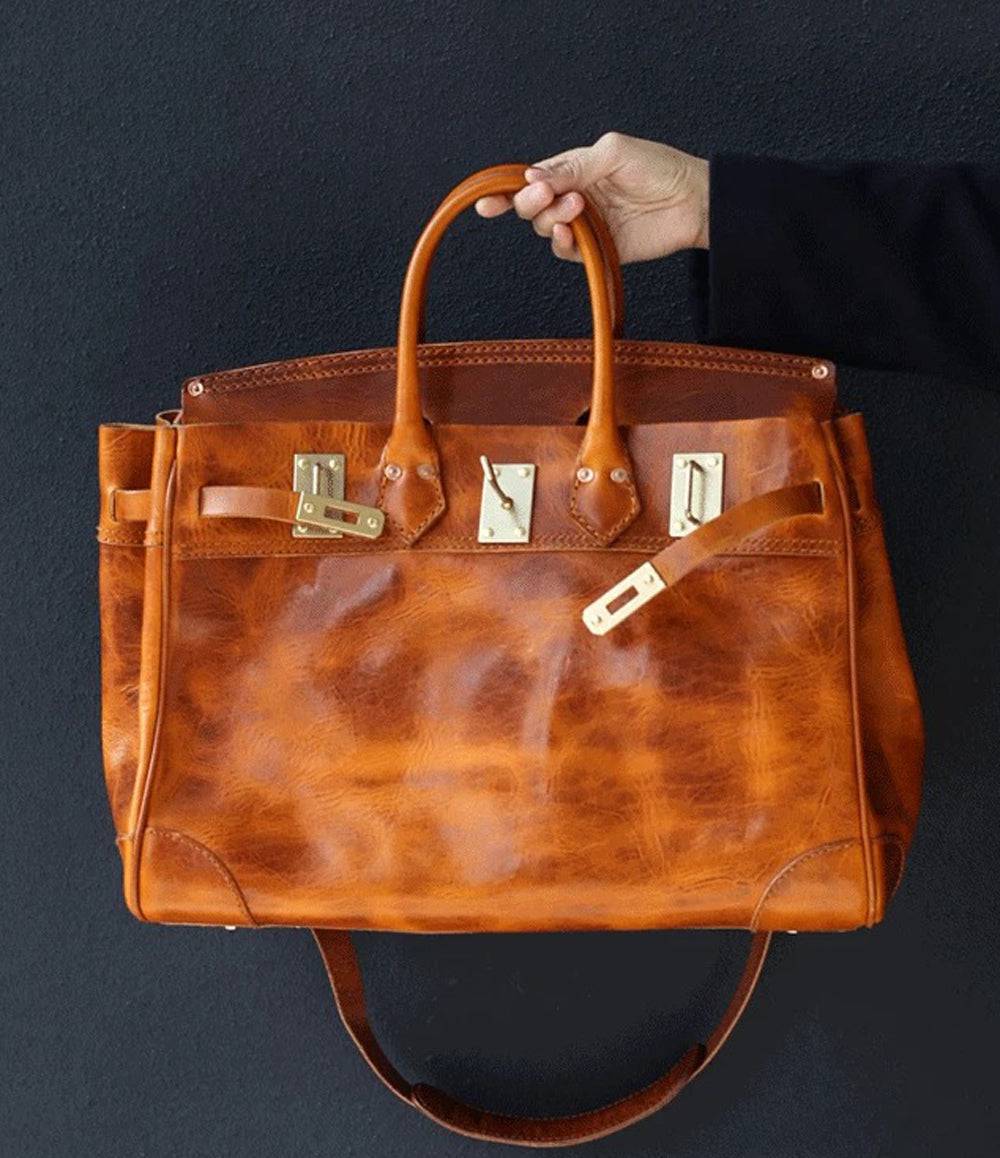 Rossie Viren Women's Unisex Large Vintage Vegetable Tanned Leather Padlock Tote Bag