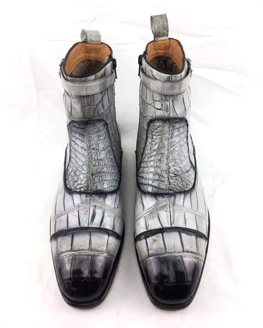 Crocodile Shoes Vintage Crocodile Belly Leather Short Booties Ankle Boots Winter Men's Martin Boots Shoes