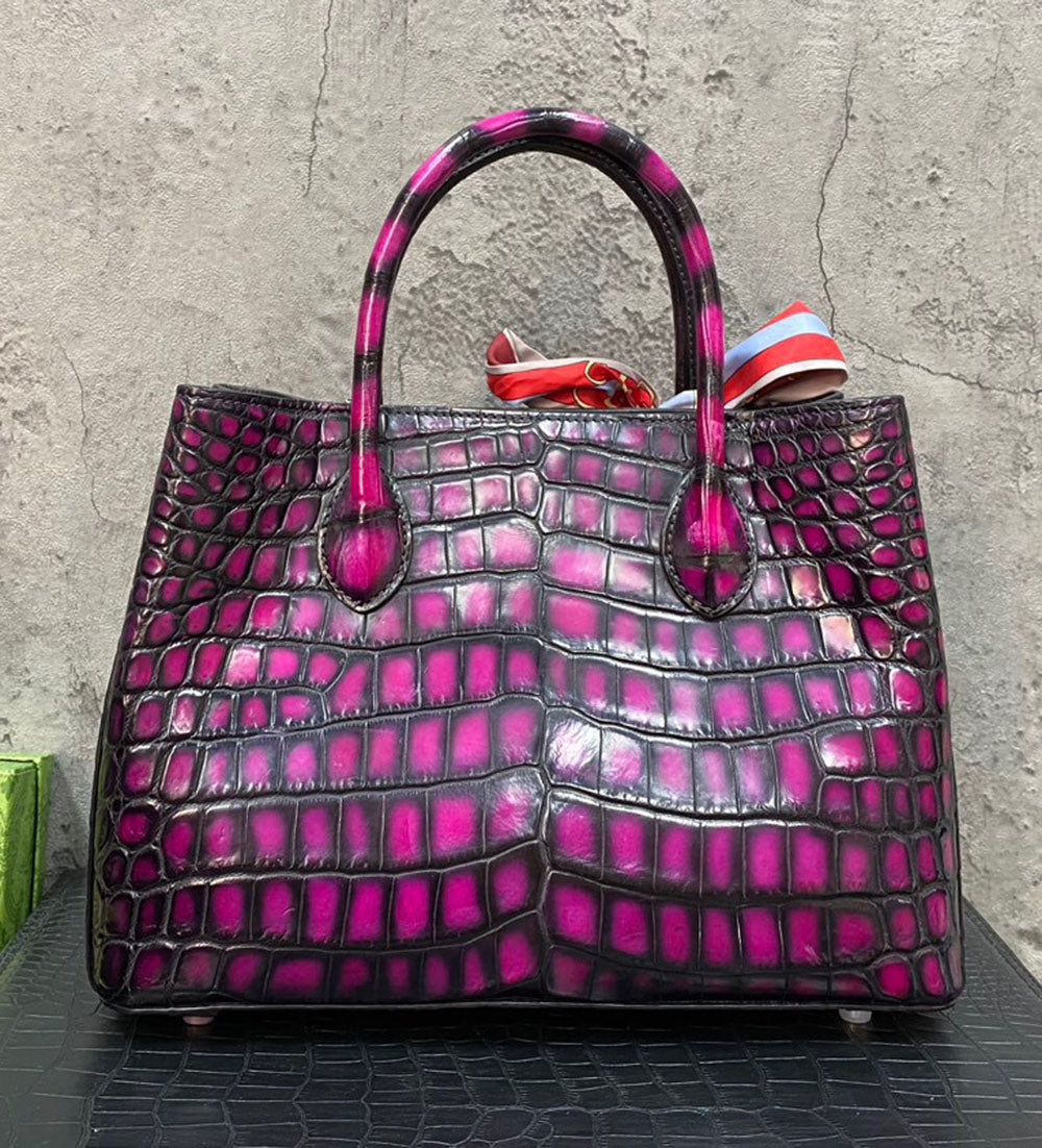 Vintage Rossie Viren crocodile leather top handle satchel handbag with shoulder strap, tote style, 30cm size, stylish and elegant.