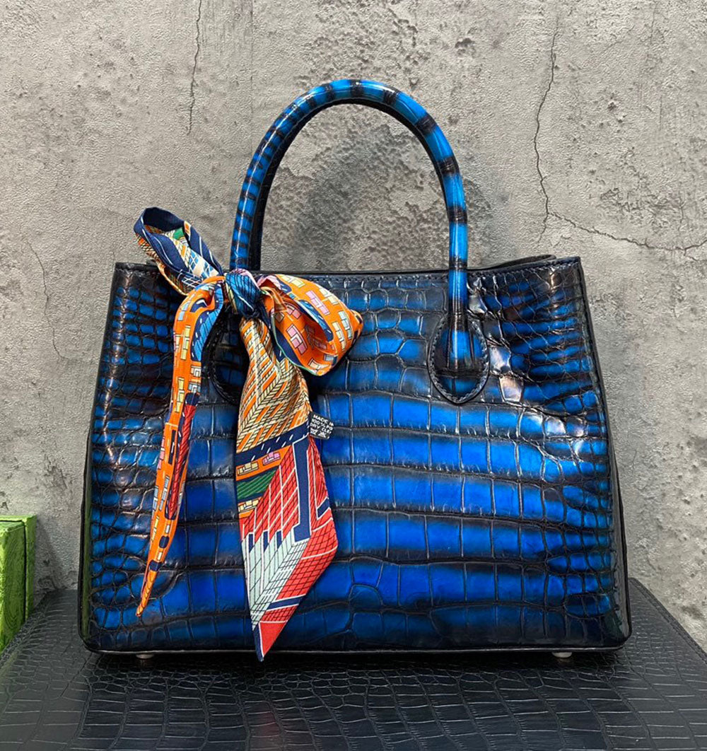 Vintage crocodile leather Rossie Viren handbag with top handle, shoulder strap, tote style, 30cm size, detailed textured surface.