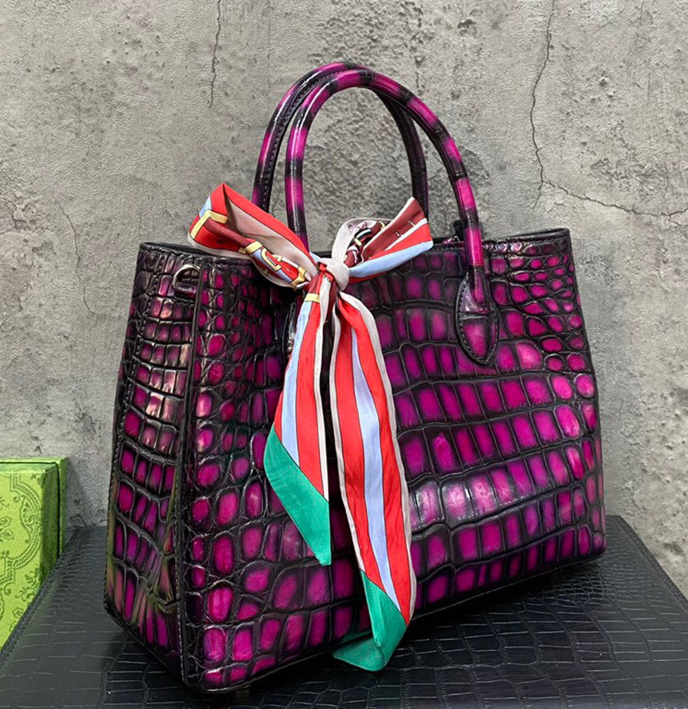 Vintage Rossie Viren crocodile leather top handle handbag with shoulder strap, tote style, 30cm size, featuring a textured crocodile pattern.