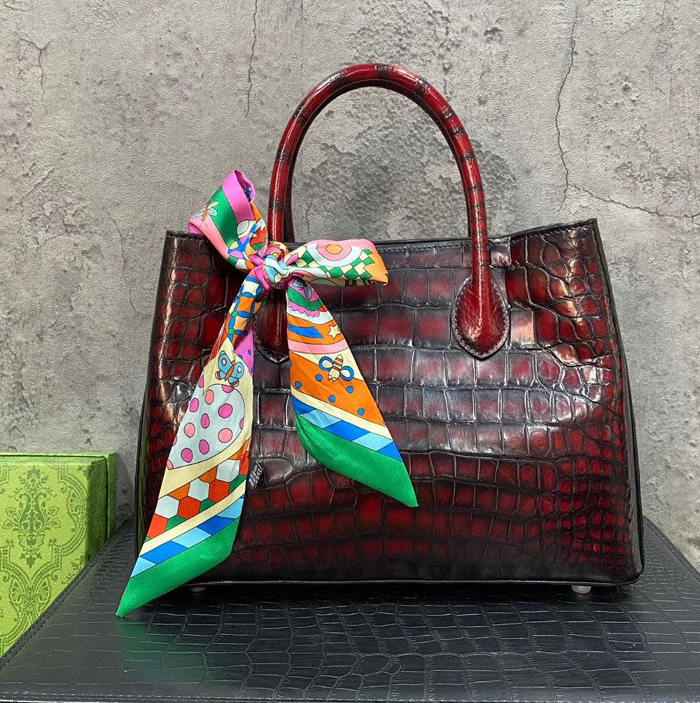 Rossie Viren vintage crocodile leather top handle handbag with shoulder strap, tote style, 30cm size, elegant and textured.