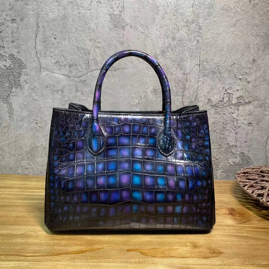 Vintage genuine crocodile leather top handle handbag by Rossie Viren, featuring a classic tote and shoulder bag design.