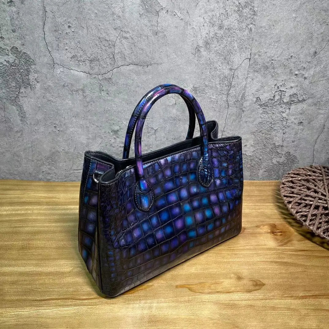 Vintage crocodile leather Rossie Viren handbag with top handle, shoulder strap, tote style, and 30cm size.