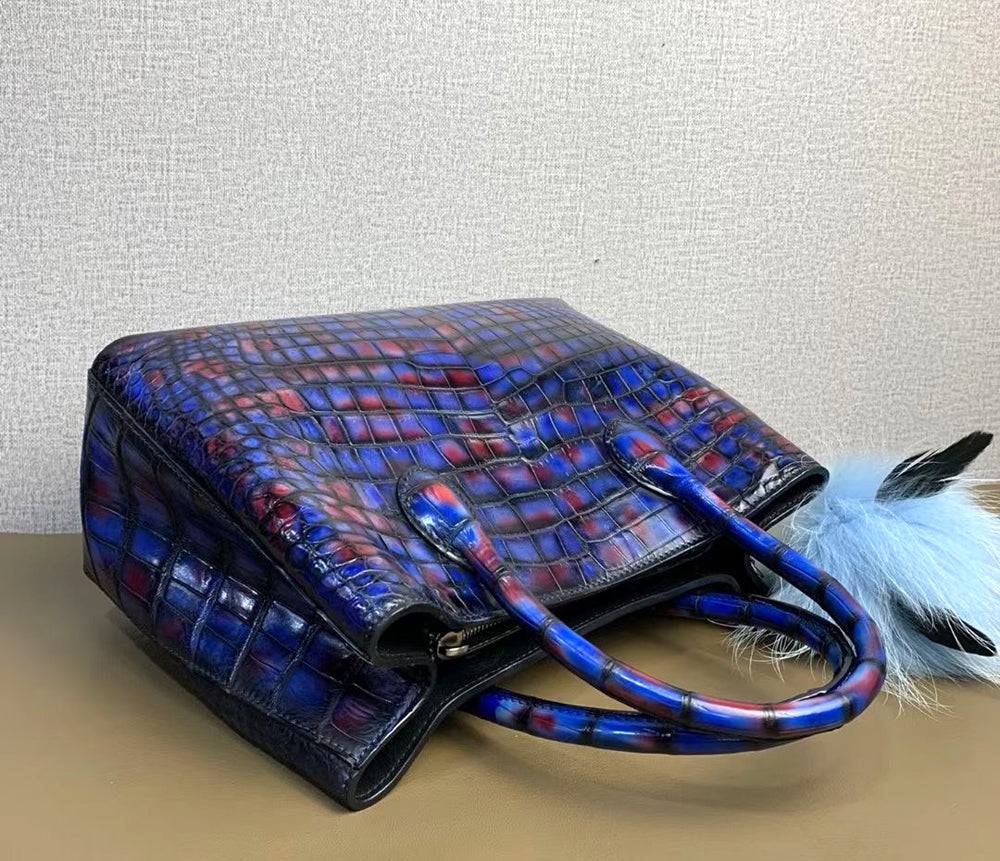 Rossie Viren vintage crocodile leather handbag with top handle, shoulder strap, and tote design in multi-blue, 30cm size.