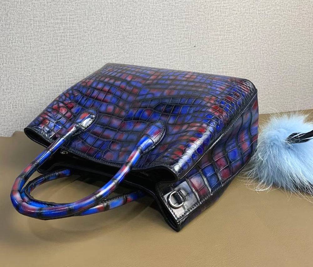 Rossie Viren vintage crocodile leather handbag with top handle, shoulder strap, and tote style in multi-blue, 30cm size.