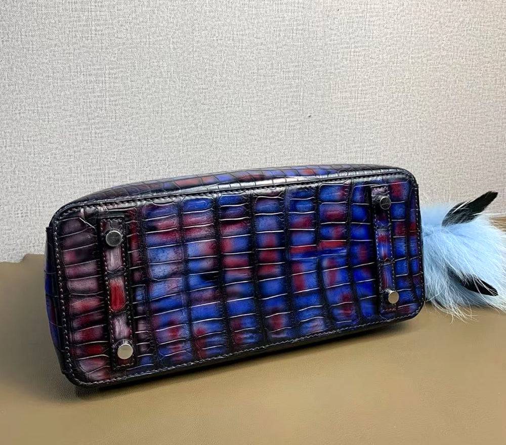 Vintage Rossie Viren crocodile leather handbag with top handle, shoulder strap, tote style, in multi-blue, 30cm size.