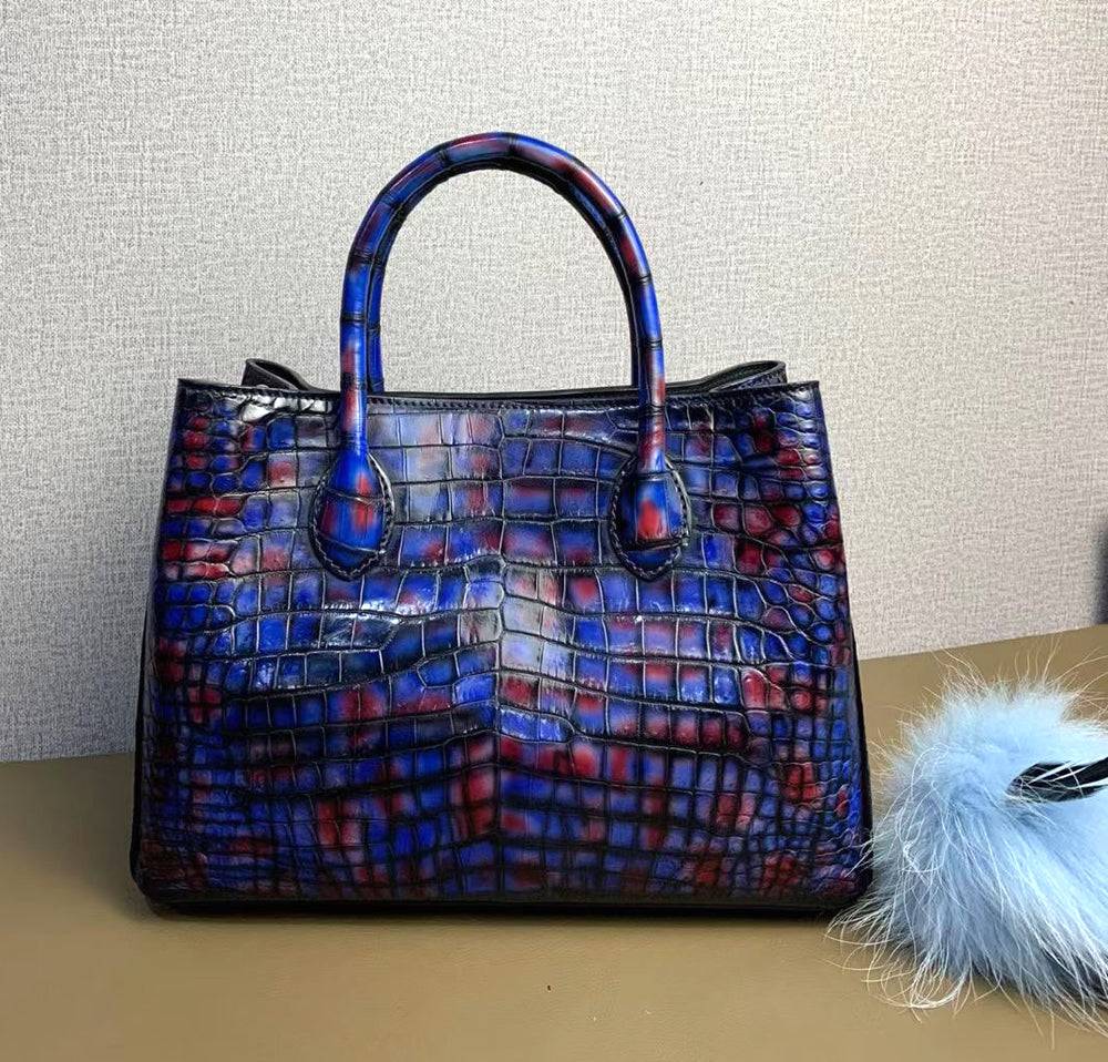 Rossie Viren vintage crocodile leather handbag with top handle, shoulder strap, and tote style in multi-blue, 30cm size.