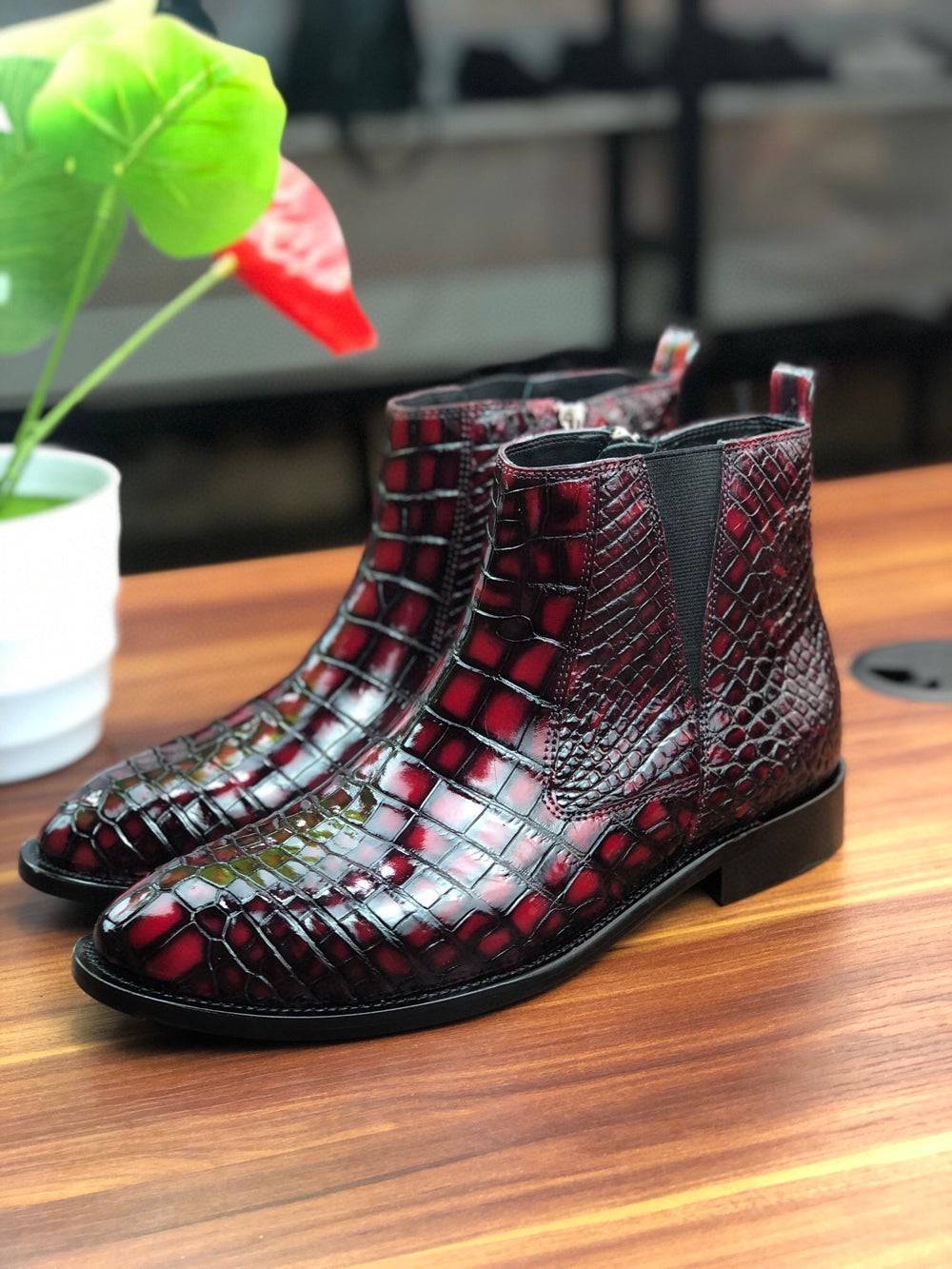 Crocodile Shoes Vintage Wine Red Chelsea Boots
