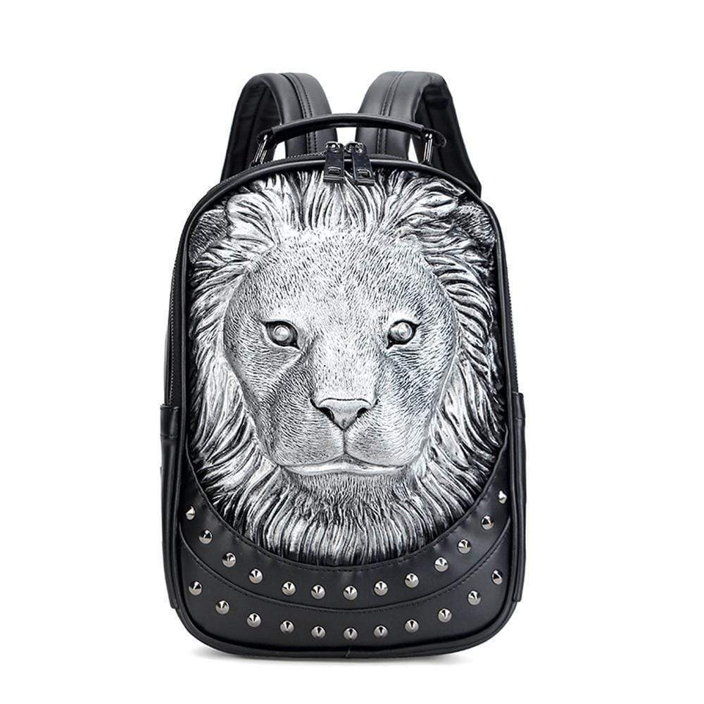 Waterproof 3D lion backpack by Rossie Viren, unisex fashion trendy school and travel rucksack with studded lion design.