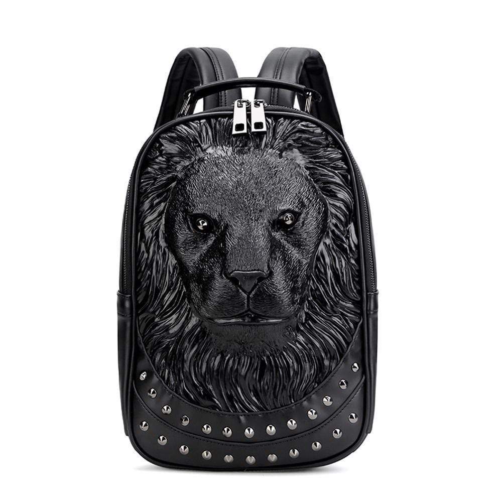 Waterproof 3D lion-shaped backpack by Rossie Viren, unisex fashion rucksack with studded serious lion design for school or travel.