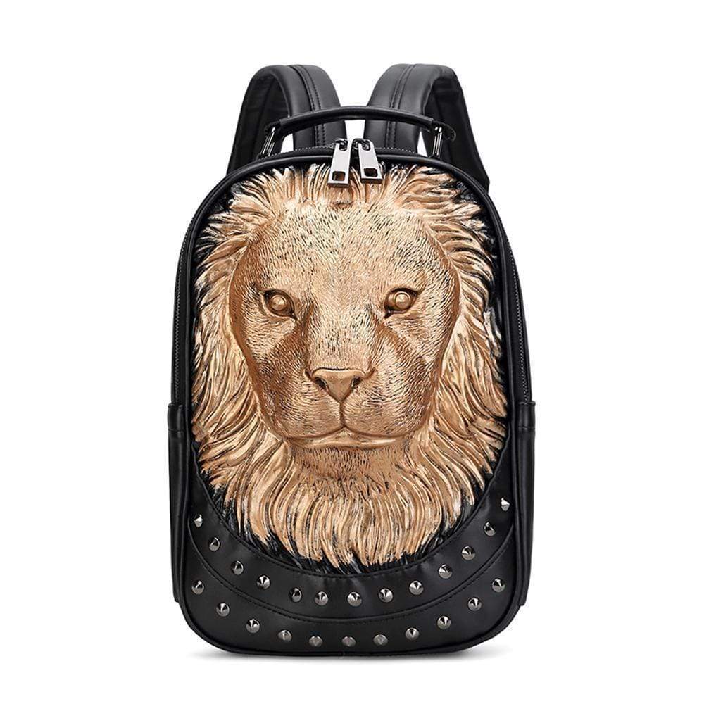 Waterproof 3D lion backpack by Rossie Viren, unisex fashion rucksack with studded lion statue design for school or travel.
