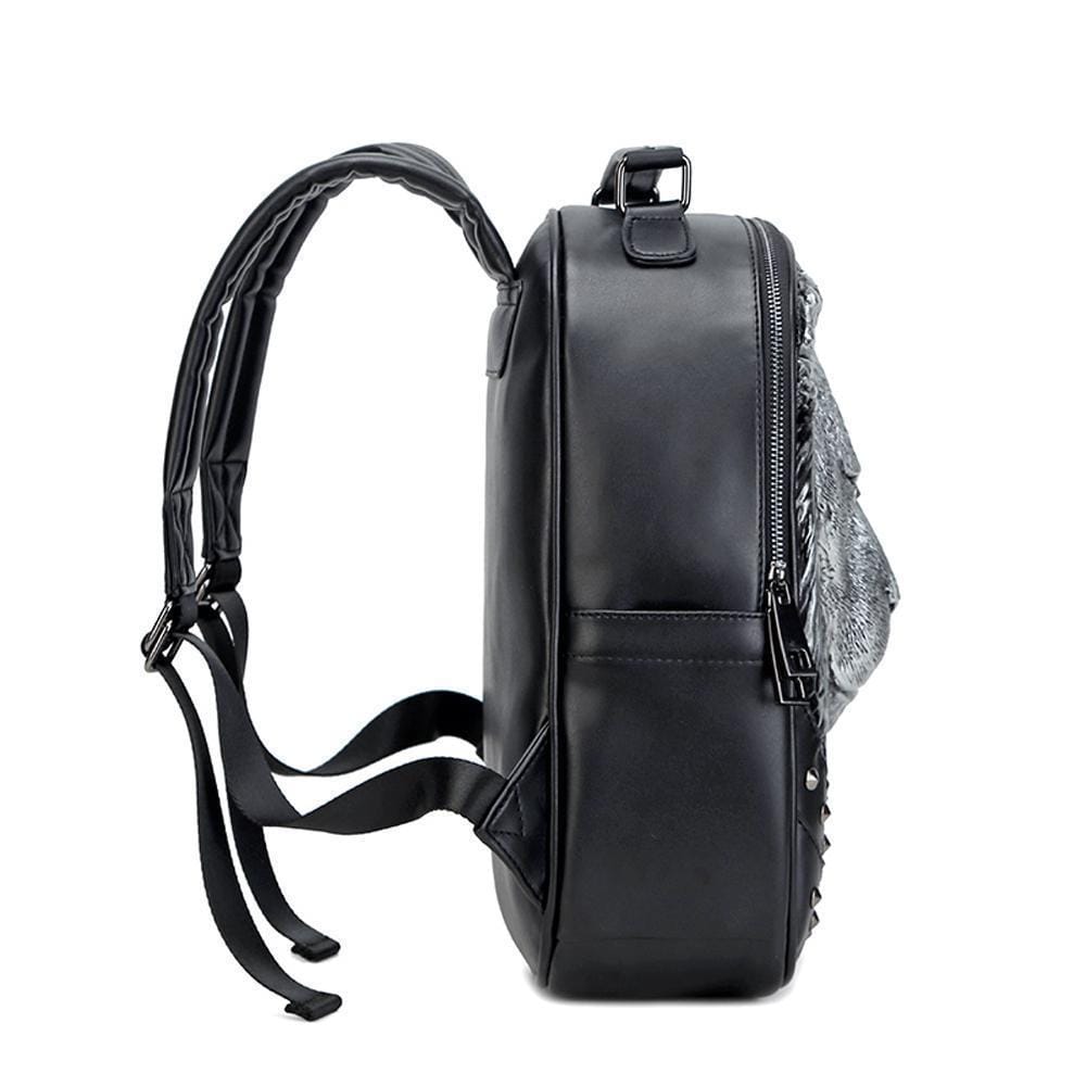 Waterproof 3D lion backpack by Rossie Viren, unisex fashionable school and travel rucksack with studded lion design.