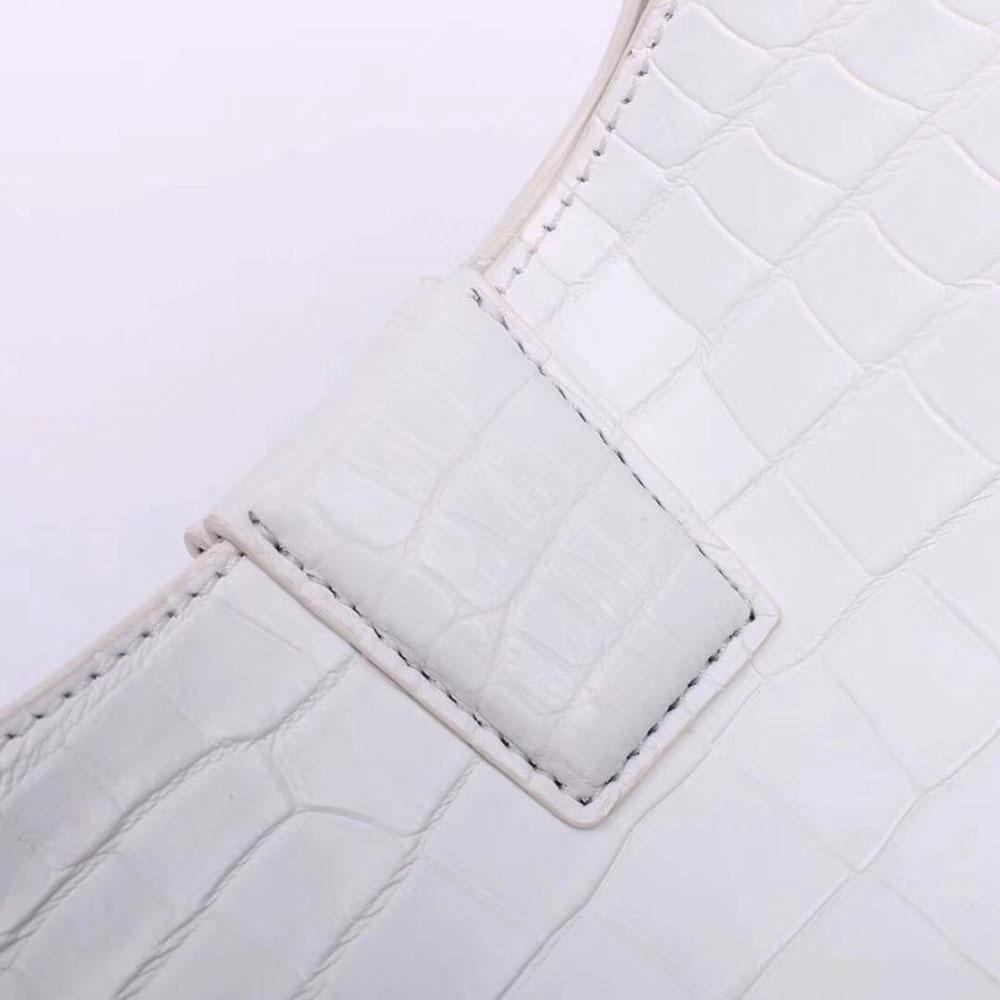 White crocodile leather medium hobo handbag for women by Rossie Viren, featuring a stylish and textured tote purse design.