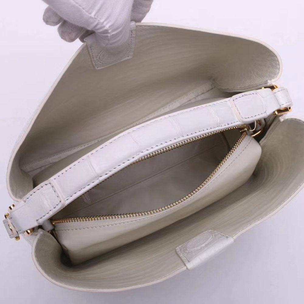White crocodile leather medium hobo tote purse for women by Rossie Viren, stylish handbag with textured crocodile pattern.