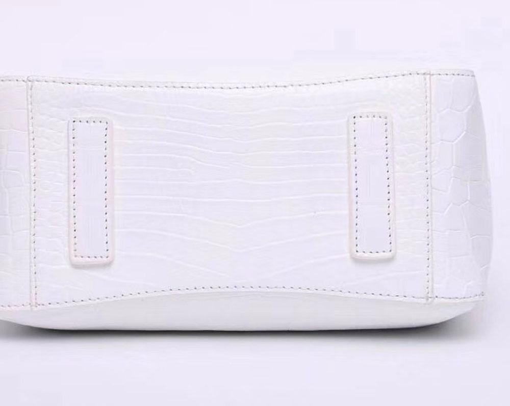 White crocodile leather medium hobo tote purse for women by Rossie Viren, featuring a sleek and stylish handbag design.