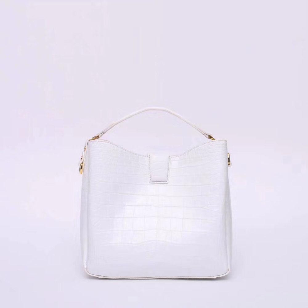 White crocodile leather medium hobo tote purse for women, stylish handbag by Rossie Viren with textured crocodile pattern.