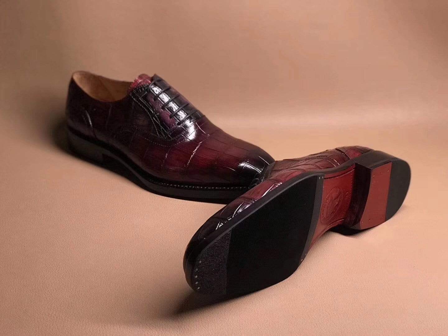 Crocodile Shoes Wine Red Crocodile Leather Lace Up Shoes