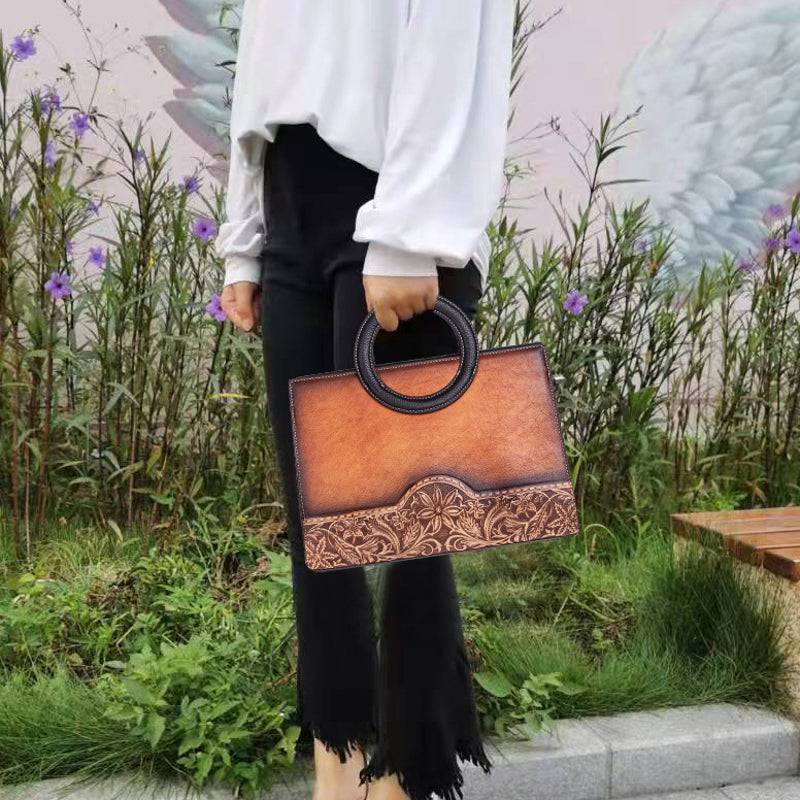 Rossie Viren women's crossbody tote bag with leather circular handle, small handbag with sleek design and adjustable strap